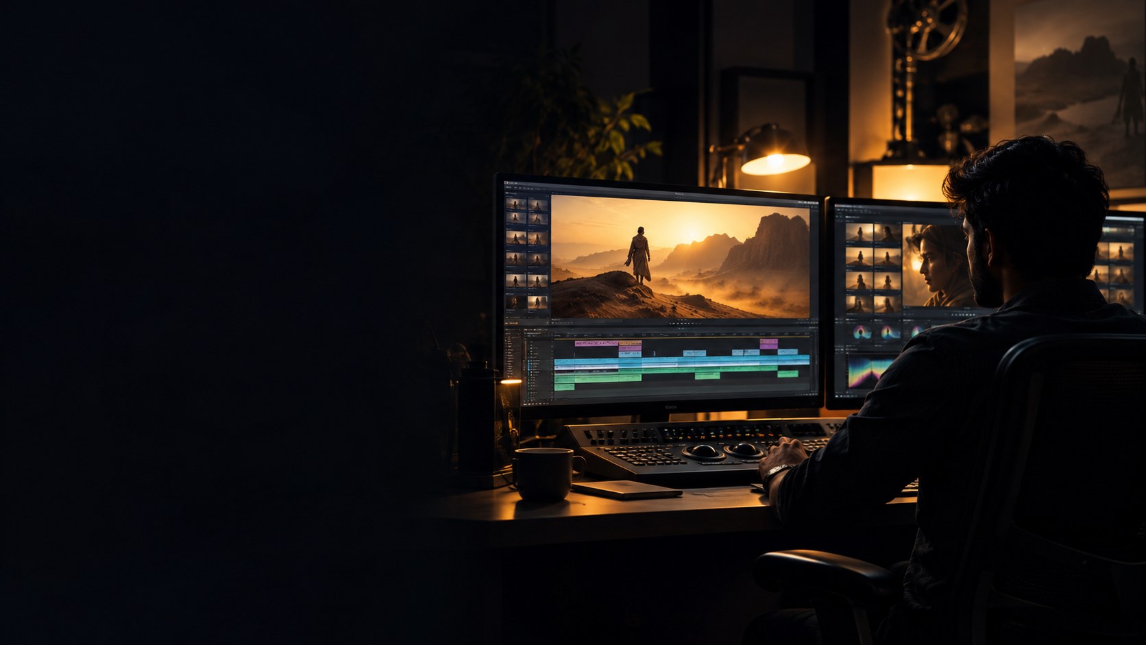 Illustrative cinematic editing studio in charcoal and golden light