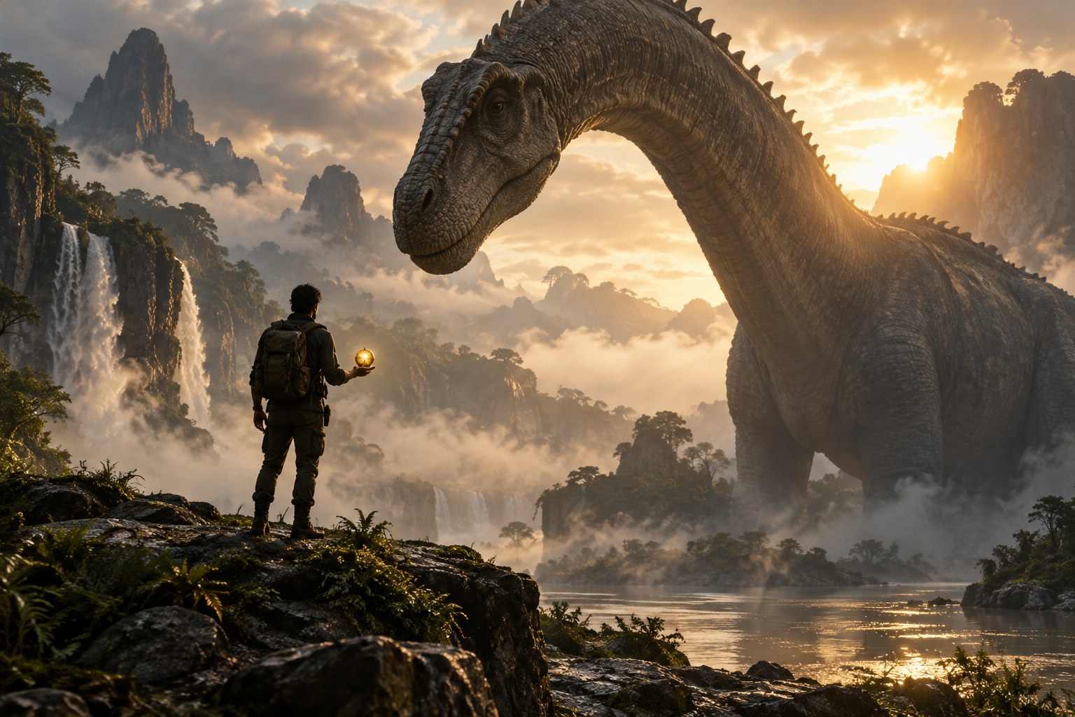 Illustrative AI film concept of a person and a dinosaur in a cinematic landscape